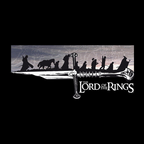 Fans Geek Store black cotton T-shirt featuring The Lord of the Rings Fellowship silhouette graphic on a sword blade