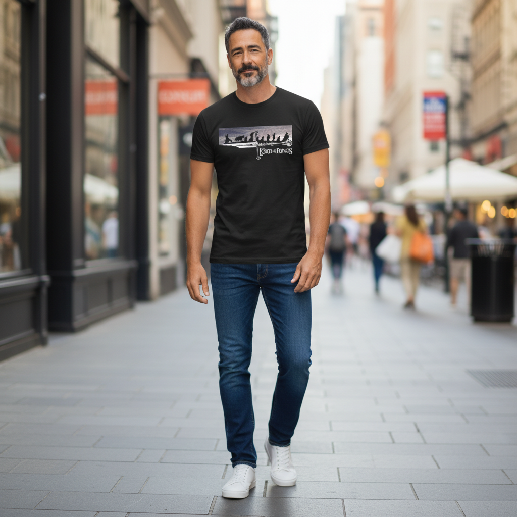 Fans Geek Store black Lord of the Rings Fellowship cotton t-shirt worn by a man walking on a city street