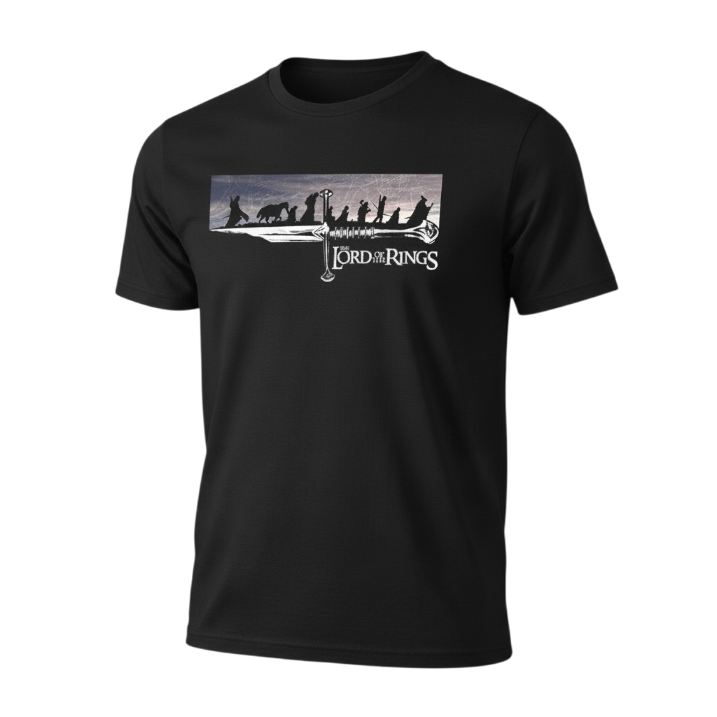 Fans Geek Store black cotton Lord of the Rings Fellowship t-shirt with a graphic print of the characters and sword