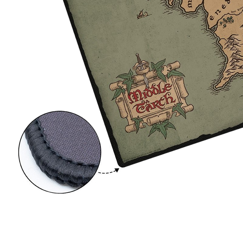 Fans Geek Store Lord of the Rings XXL desk mat featuring a detailed Middle-earth map with stitched edges