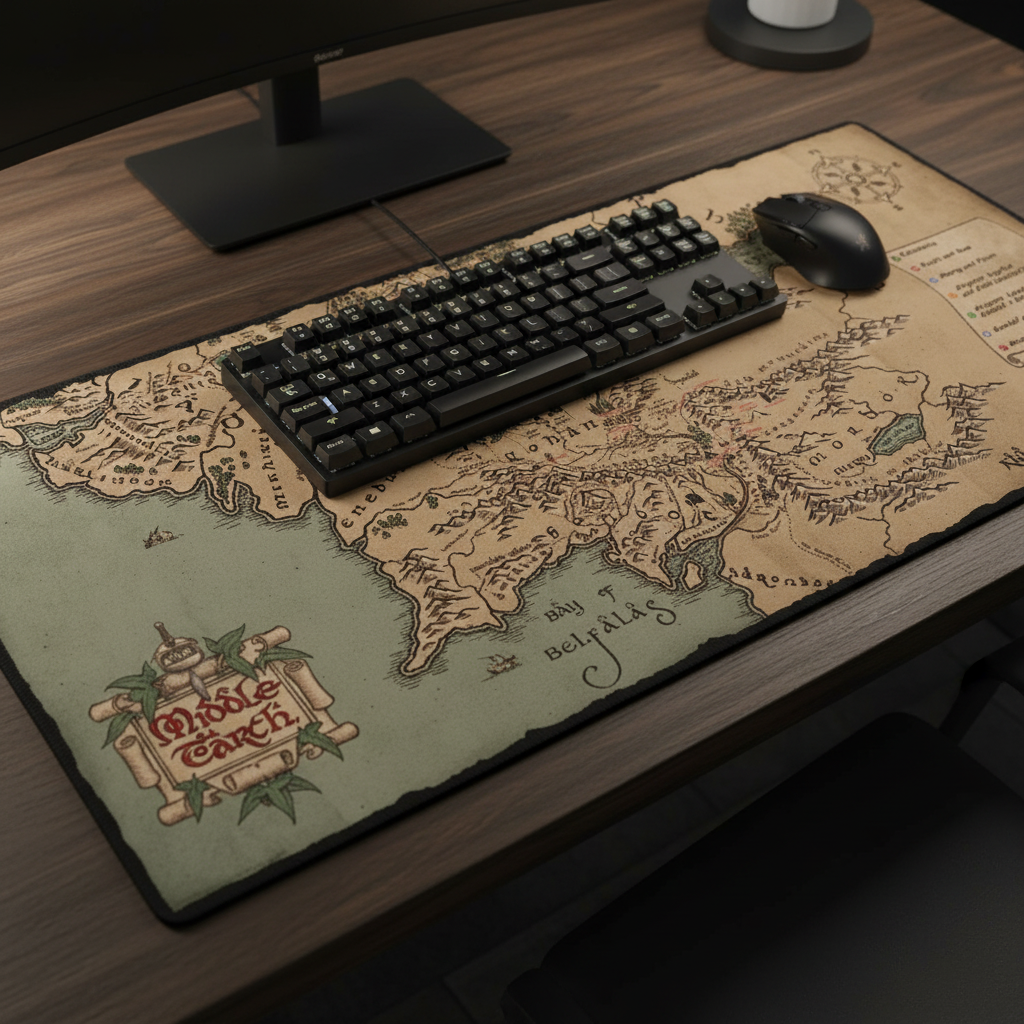 Fans Geek Store Lord of the Rings XXL desk mat featuring a detailed Middle-earth map with stitched edges on a desk