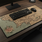 Fans Geek Store Lord of the Rings XXL desk mat featuring a detailed Middle-earth map with stitched edges on a desk