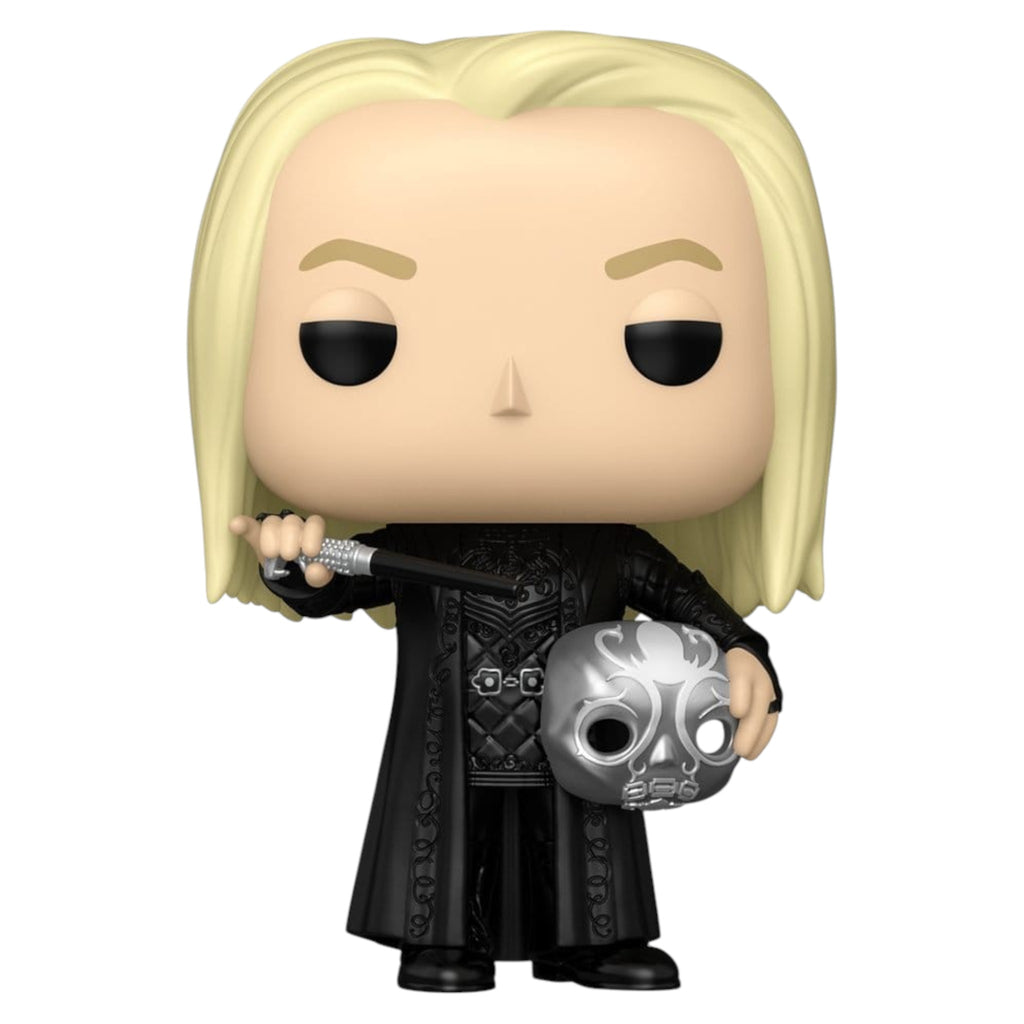 Fans Geek Store Lucius Malfoy Funko Pop vinyl figure holding a silver Death Eater mask and wand from Harry Potter