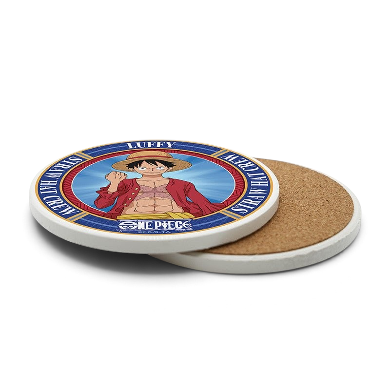 Fans Geek Store One Piece Monkey D. Luffy ceramic coaster with cork base featuring Luffy in his iconic straw hat.