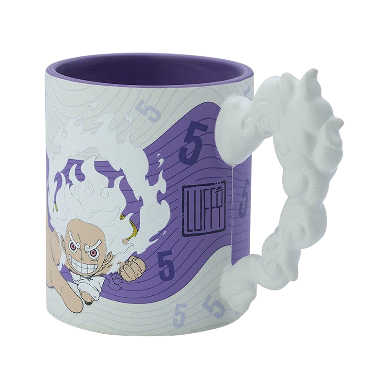 Fans Geek Store One Piece 3D dolomite mug featuring Luffy in Gear 5 with a unique cloud-shaped handle