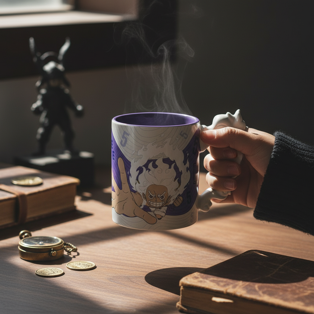 Fans Geek Store 3D dolomite mug featuring Luffy in Gear 5 with a unique cloud-shaped handle and purple interior