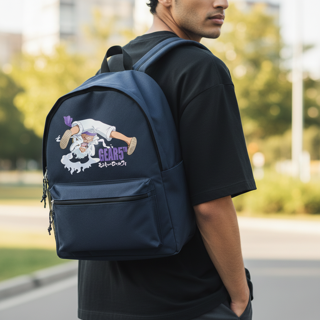 Fans Geek Store navy blue One Piece Gear 5 Luffy backpack worn by a man, featuring a spacious main compartment.