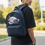 Fans Geek Store navy blue One Piece Gear 5 Luffy backpack worn by a man, featuring a spacious main compartment.