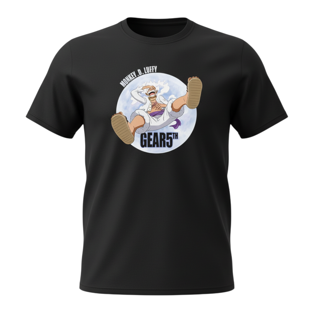 Fans Geek Store black unisex cotton t-shirt featuring a graphic print of Monkey D. Luffy in his Gear 5 transformation.