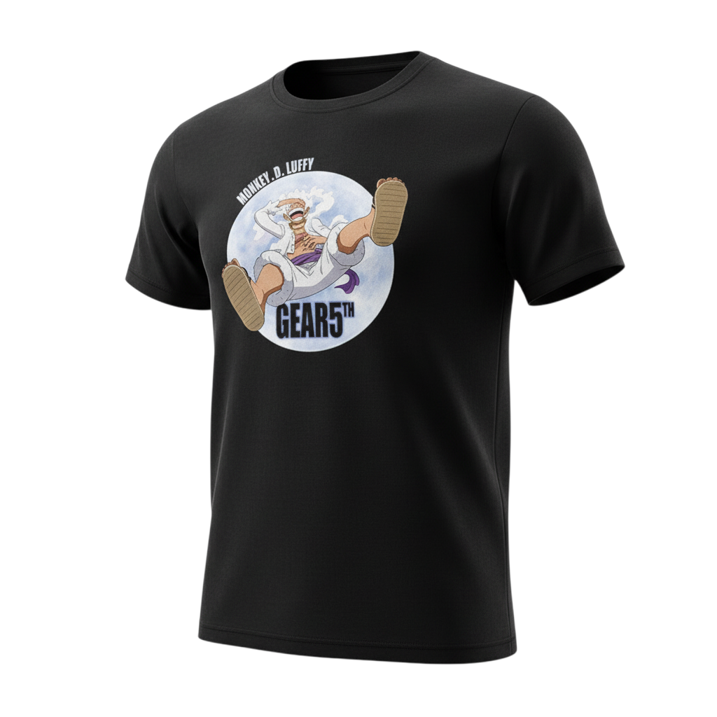 Fans Geek Store black unisex cotton t-shirt featuring Luffy in Gear 5 transformation from One Piece