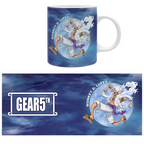 Fans Geek Store ceramic mug featuring Monkey D. Luffy in Gear 5 form against a blue moon background