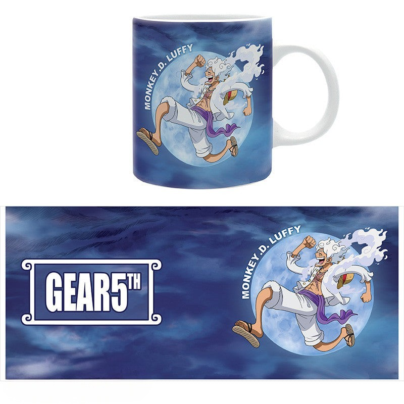 Fans Geek Store ceramic mug featuring Monkey D. Luffy in Gear 5 form against a blue moon background