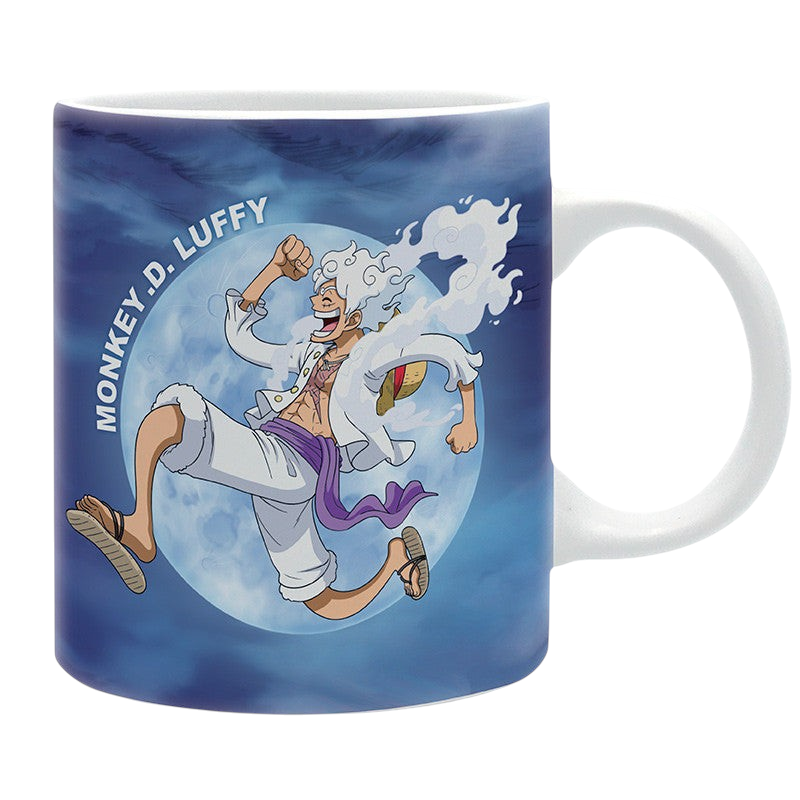 Fans Geek Store ceramic mug featuring Monkey D. Luffy in his Gear 5 form against a full moon background.