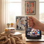 Fans Geek Store ceramic mug featuring Luffy Gear 5 from One Piece with a shiny silver finish held in a hand