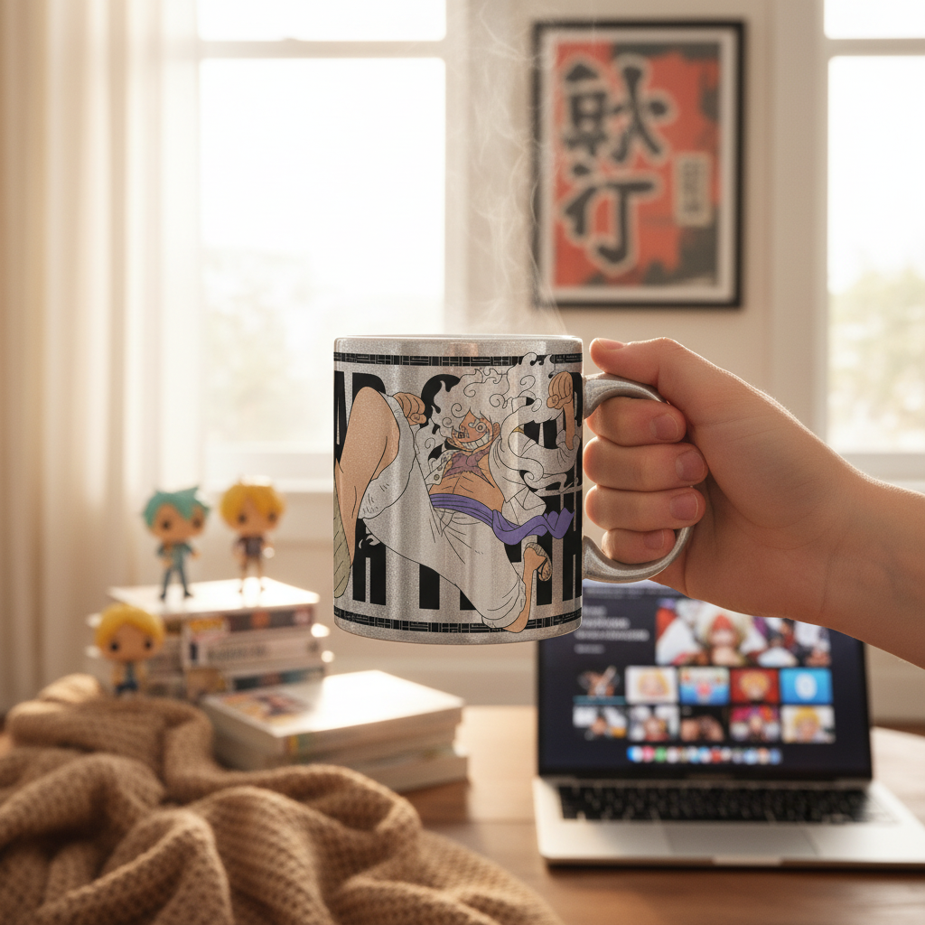 Fans Geek Store ceramic mug featuring Luffy Gear 5 from One Piece with a shiny silver finish held in a hand