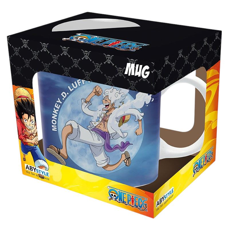 Fans Geek Store One Piece ceramic mug featuring Monkey D. Luffy in Gear 5 form inside its branded display box.
