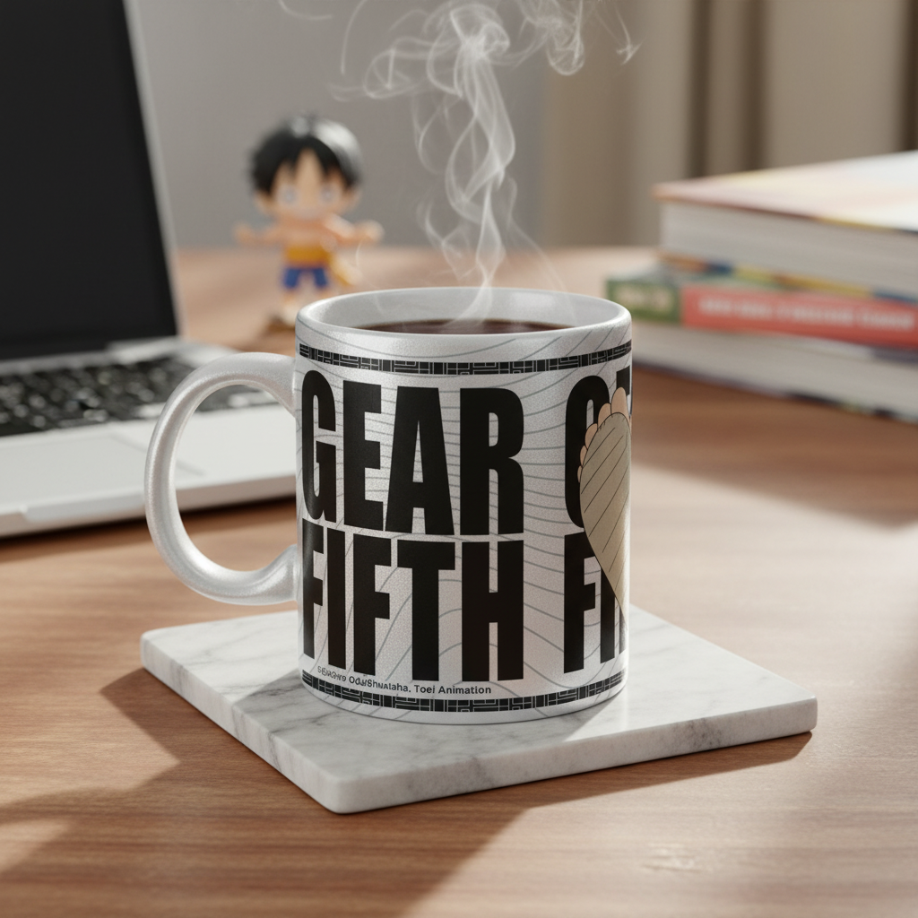 Fans Geek Store ceramic mug featuring One Piece Luffy Gear 5 design with a shiny silver finish on a marble coaster
