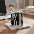 Fans Geek Store ceramic mug featuring One Piece Luffy Gear 5 design with a shiny silver finish on a marble coaster