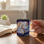 Fans Geek Store ceramic mug featuring Luffy in Gear 5 form from One Piece Wano arc, held in hand with steam rising