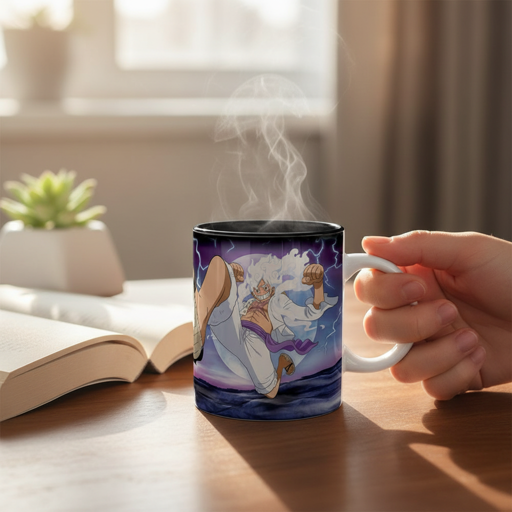 Fans Geek Store ceramic mug featuring Luffy in Gear 5 form from One Piece Wano arc, held in hand with steam rising