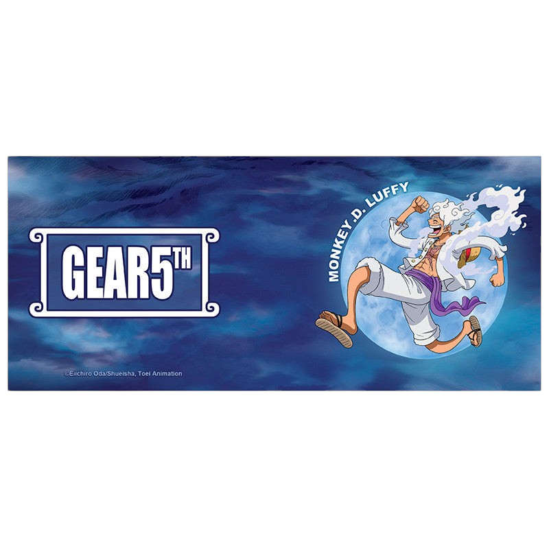 Fans Geek Store ceramic mug featuring Monkey D. Luffy in Gear 5 form against a blue moon background