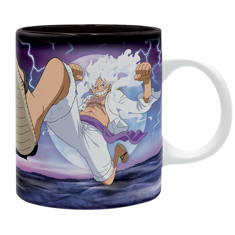 Fans Geek Store ceramic mug featuring Luffy in Gear 5 form from One Piece Wano arc with lightning and purple sky