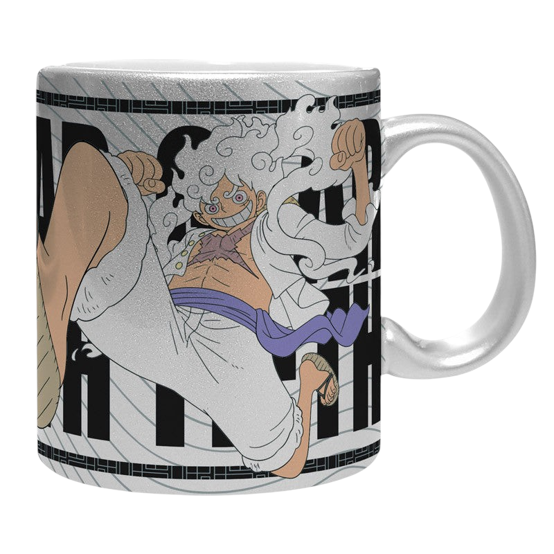 Fans Geek Store ceramic mug featuring Luffy in Gear 5 form with a shiny silver finish and One Piece graphic design.