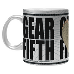 Fans Geek Store One Piece Luffy Gear 5 ceramic mug with a shiny silver finish and bold black typography