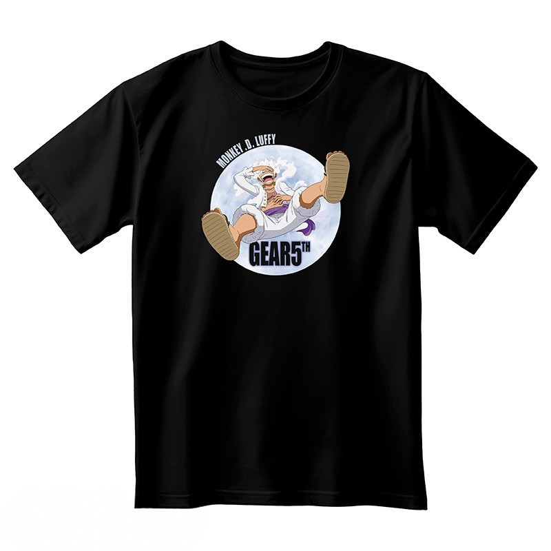 Fans Geek Store black unisex cotton t-shirt featuring Monkey D. Luffy in his Gear 5 transformation from One Piece