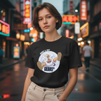 Fans Geek Store black unisex cotton t-shirt featuring Luffy in Gear 5 form, worn by a woman on a city street.