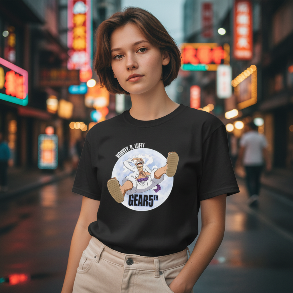 Fans Geek Store black unisex cotton t-shirt featuring Luffy in Gear 5 form, worn by a woman on a city street.