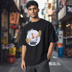 Fans Geek Store black unisex cotton T-shirt featuring Luffy Gear 5 graphic worn by a man in an urban street setting