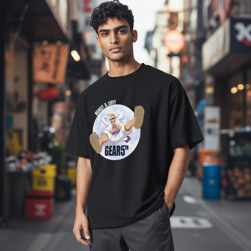 Fans Geek Store black unisex cotton T-shirt featuring Luffy Gear 5 graphic worn by a man in an urban street setting