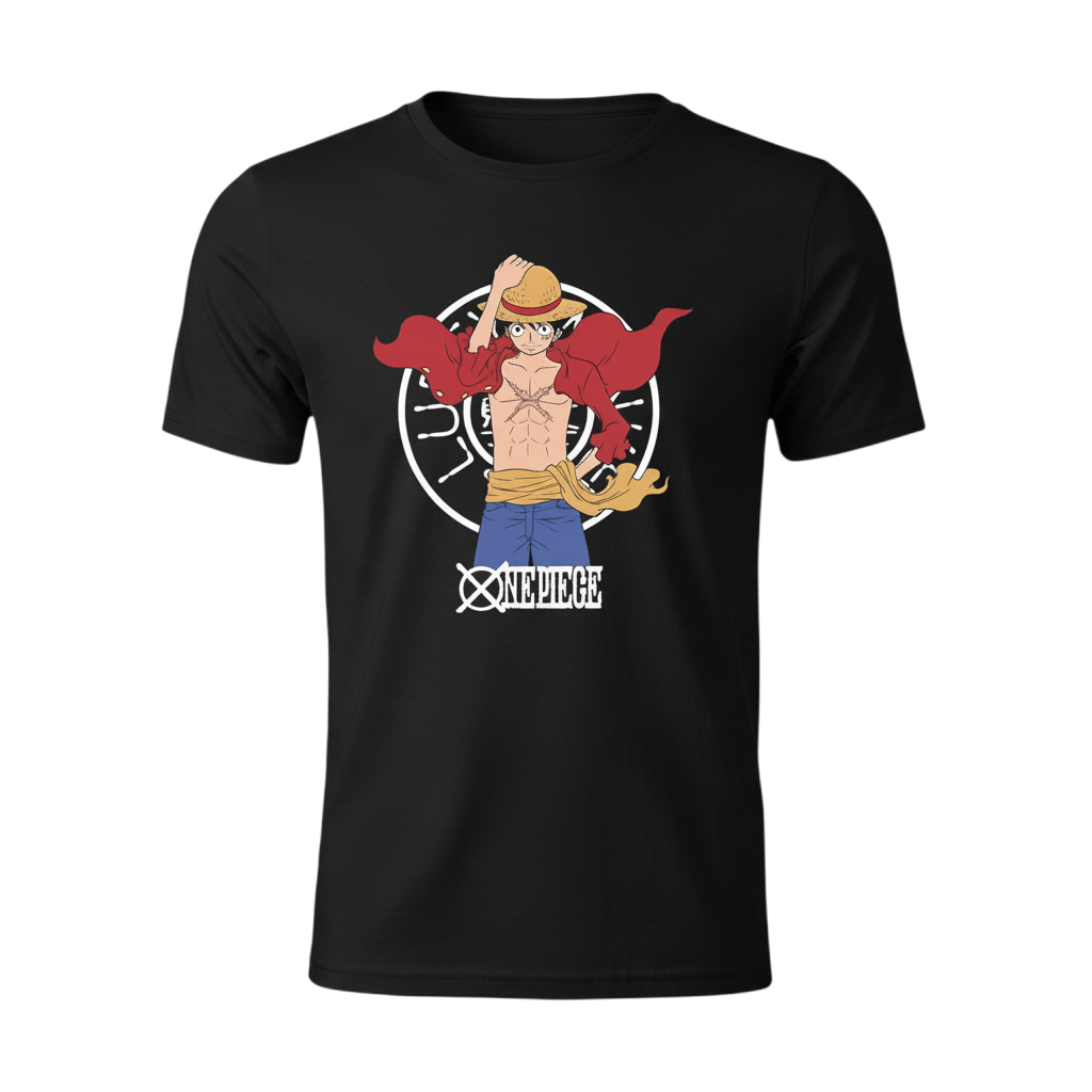 Fans Geek Store black cotton One Piece T-shirt featuring Monkey D. Luffy in his New World outfit with a round neck.