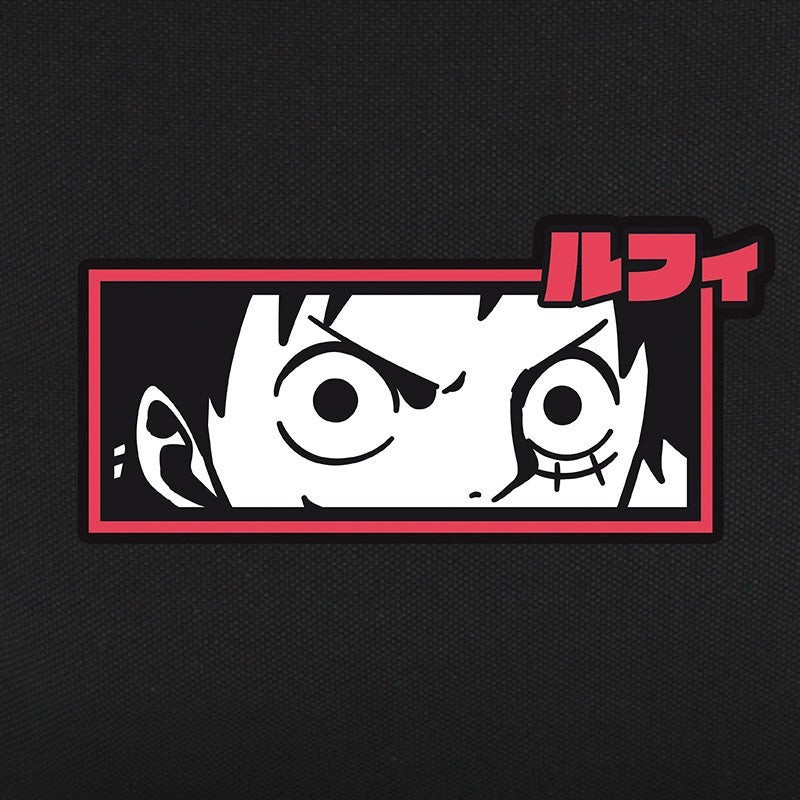 Fans Geek Store One Piece backpack featuring a black and white graphic of Luffy's eyes on a black polyester fabric