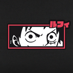 Fans Geek Store One Piece backpack featuring a black and white graphic of Luffy's eyes on a black polyester fabric