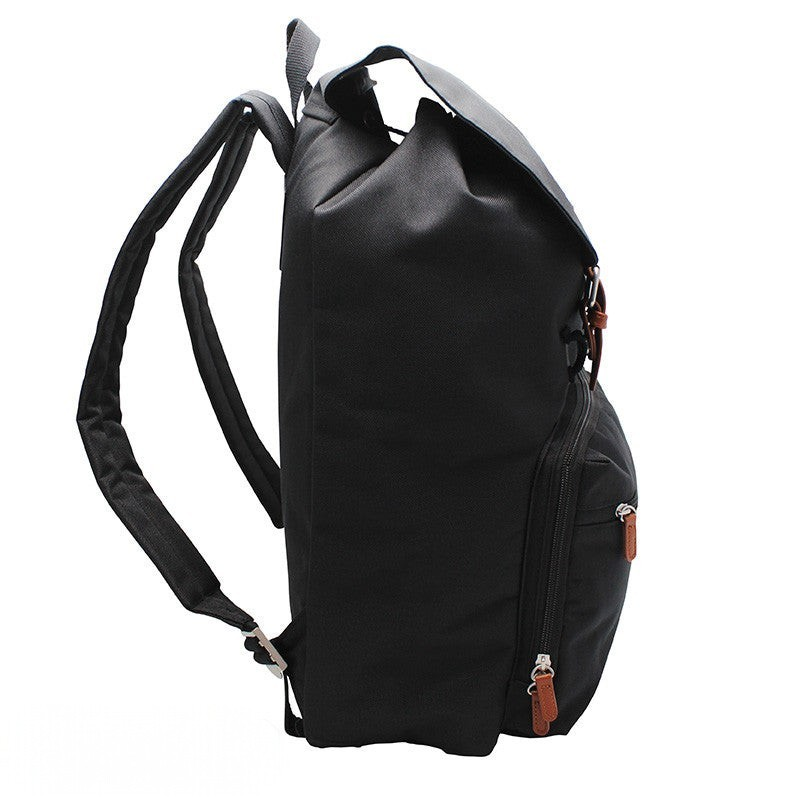 Fans Geek Store black polyester One Piece Luffy backpack with side view showing adjustable straps and front pockets