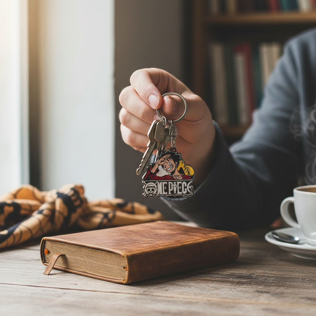 Fans Geek Store metal One Piece Luffy New World keychain held in hand over a wooden desk with a notebook and coffee