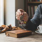Fans Geek Store metal One Piece Luffy New World keychain held in hand over a wooden desk with a notebook and coffee