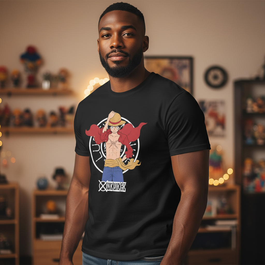 Fans Geek Store black cotton unisex T-shirt featuring Monkey D. Luffy from One Piece worn by a man in a room