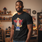 Fans Geek Store black cotton unisex T-shirt featuring Monkey D. Luffy from One Piece worn by a man in a room