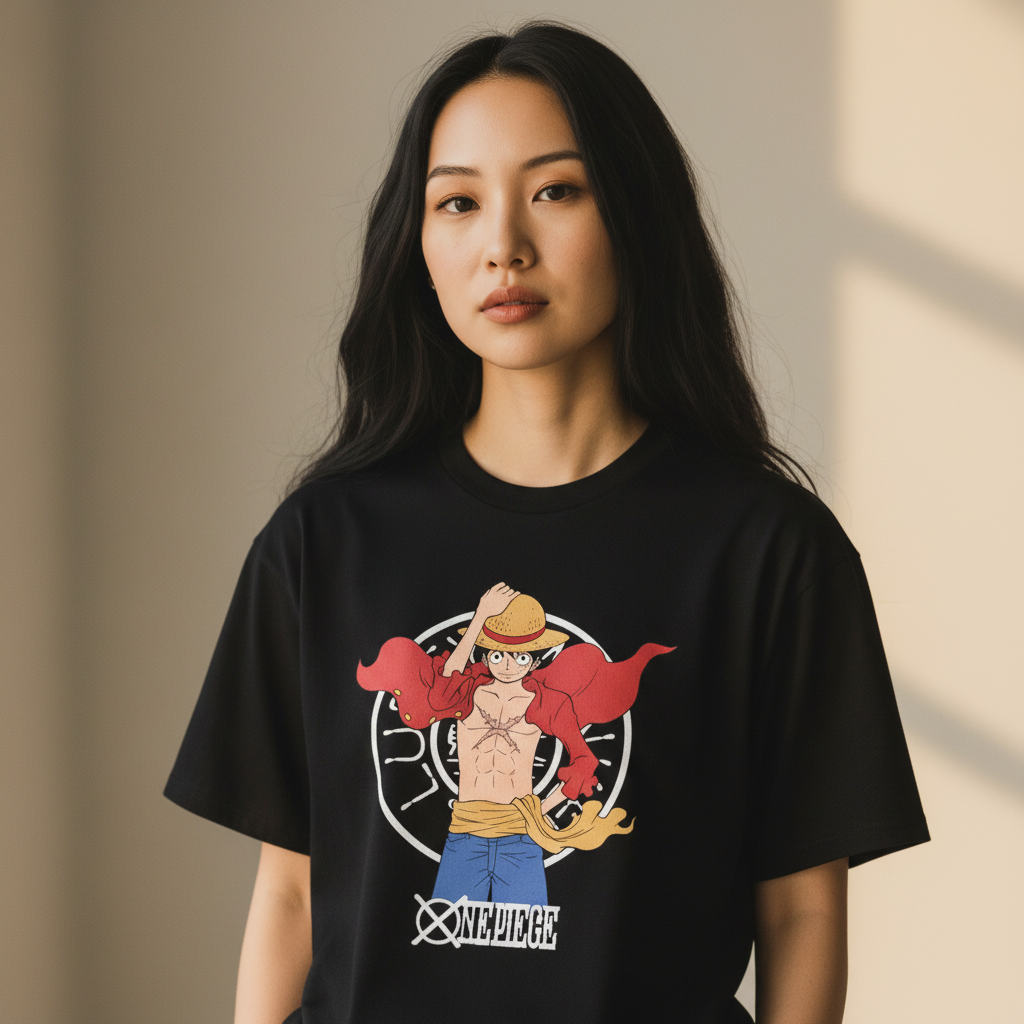 Fans Geek Store black cotton unisex T-shirt featuring Monkey D. Luffy from One Piece in his New World outfit