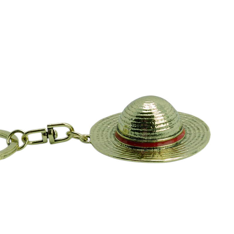 Fans Geek Store 3D metal keychain featuring Luffy's iconic straw hat from One Piece with a red ribbon detail.