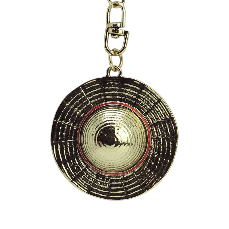 Fans Geek Store metal 3D keychain featuring Luffy's iconic straw hat from One Piece with a gold finish