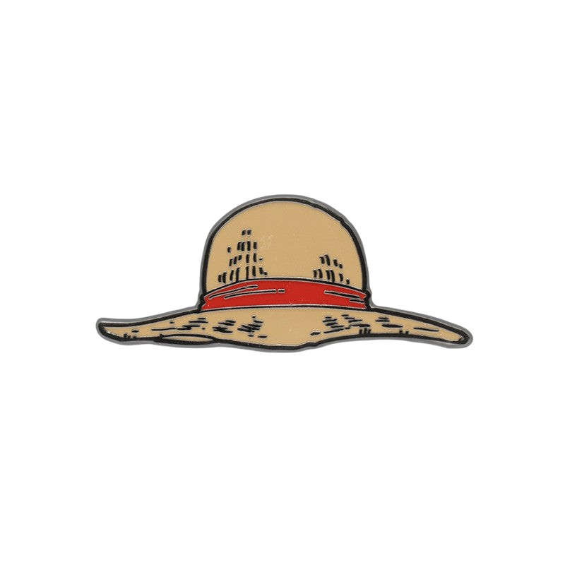 Fans Geek Store metal One Piece pin featuring Luffy's iconic straw hat with a red ribbon detail