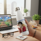 Fans Geek Store One Piece stainless steel 500ml thermal bottle featuring Monkey D. Luffy on a desk