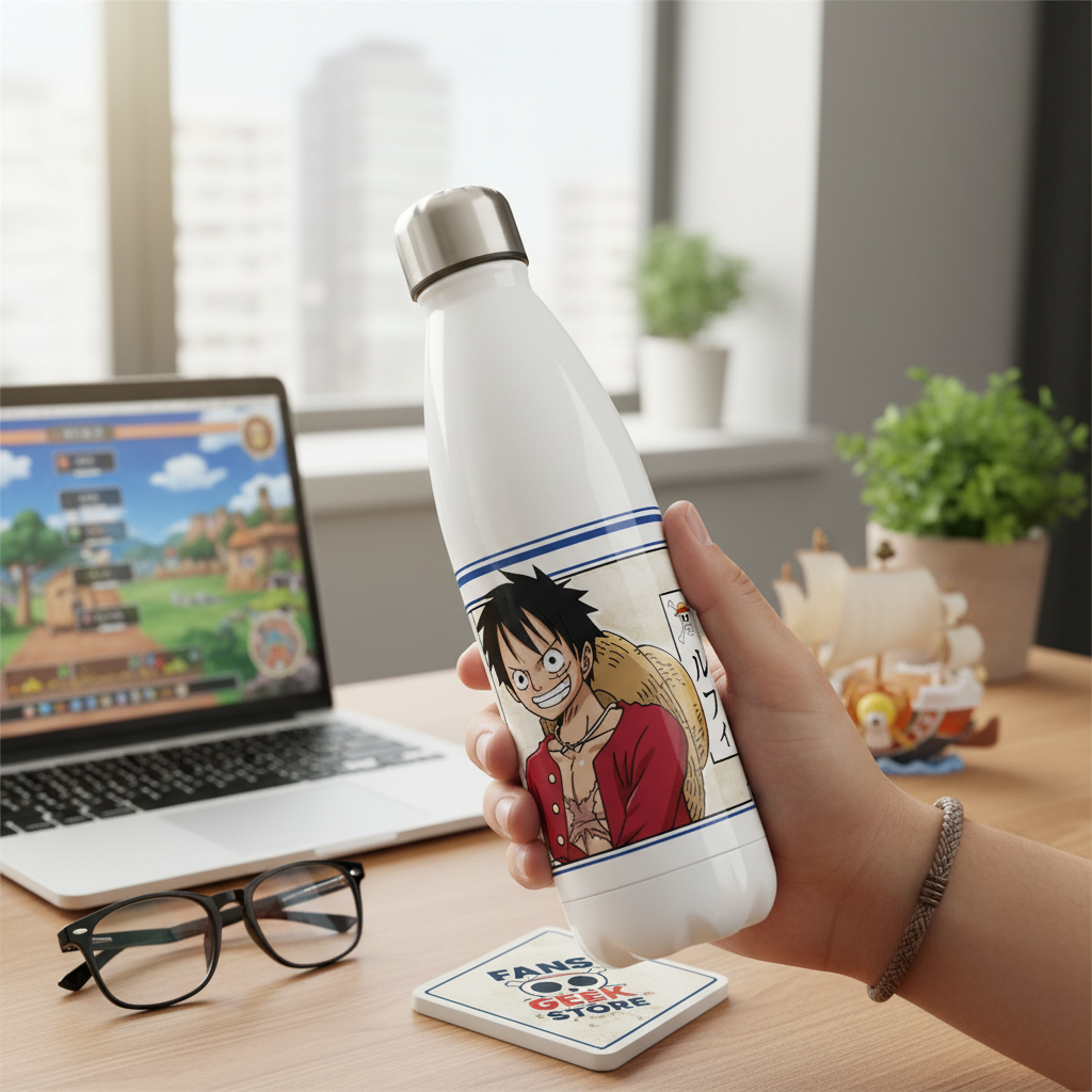 Fans Geek Store One Piece stainless steel 500ml thermal bottle featuring Monkey D. Luffy on a desk