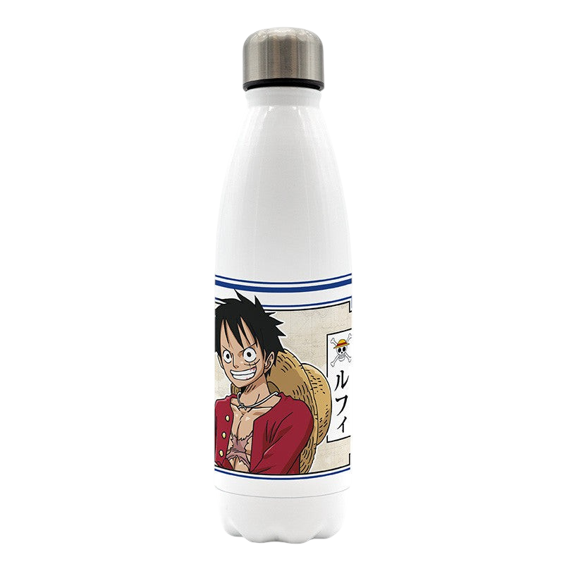 Fans Geek Store white stainless steel One Piece 500ml thermos bottle featuring Monkey D. Luffy and anime graphics.