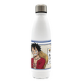 Fans Geek Store white stainless steel One Piece 500ml thermos bottle featuring Monkey D. Luffy and anime graphics.