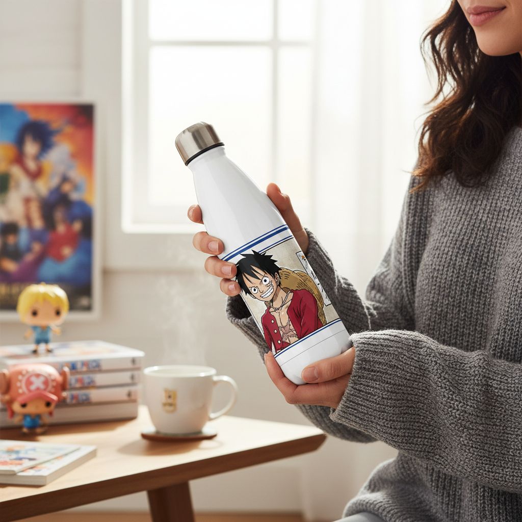 Fans Geek Store white stainless steel One Piece Luffy thermos bottle held by a woman in a cozy room